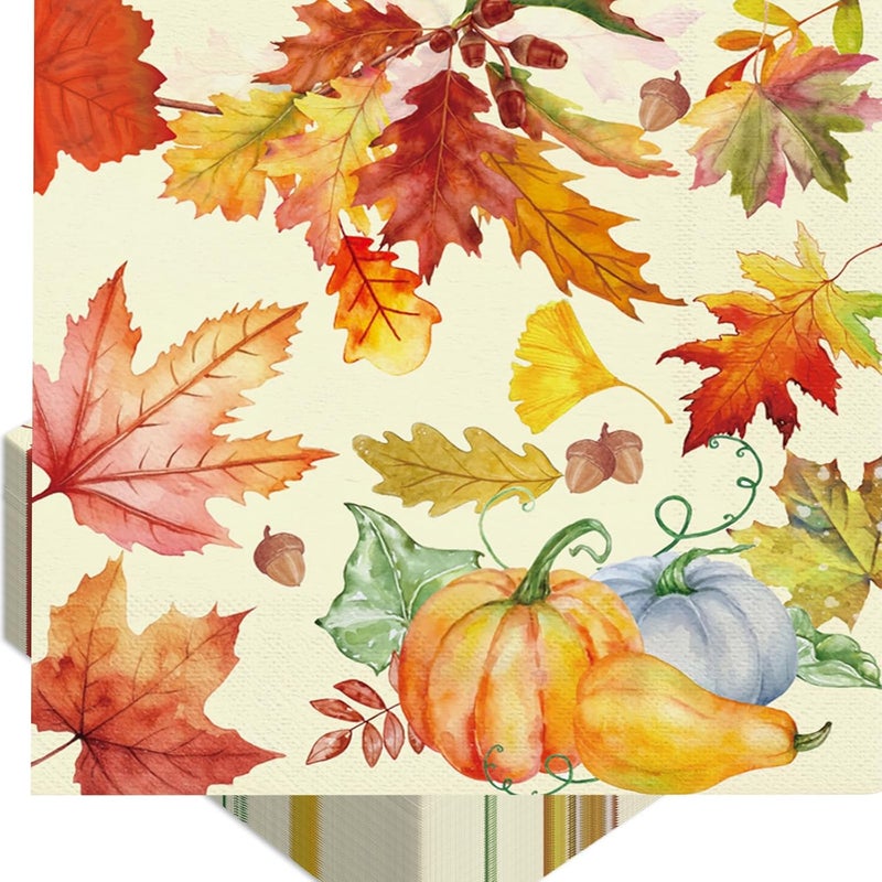Tbsone 50-PK Fall Thanksgiving Paper Napkins: Disposable 3-Ply Luncheon Napkin with Maple Leaf & Pumpkin Design, Autumn Table Decor for Dinner, Friendsgiving, Wedding, and Party - Image 1